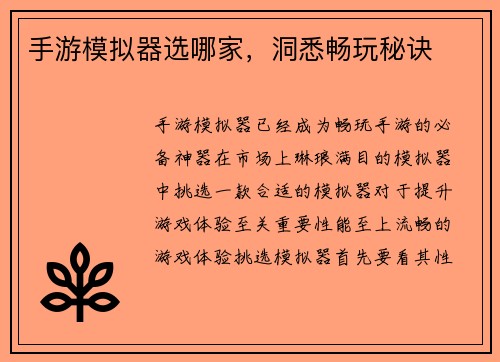 手游模拟器选哪家，洞悉畅玩秘诀