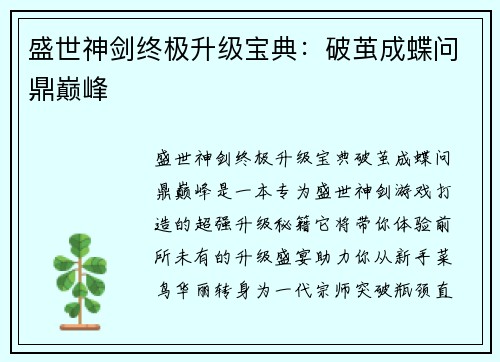 盛世神剑终极升级宝典：破茧成蝶问鼎巅峰