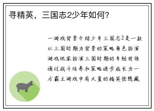 寻精英，三国志2少年如何？