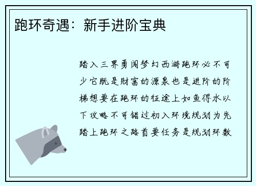 跑环奇遇：新手进阶宝典